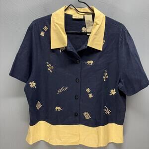 Studio Ease VTG Embroidered Top Size 14 Linen Blend Short Sleeve Blouse Elephant